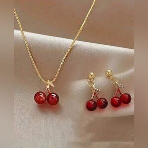 3-piece Cherry Pendant Collarbone Necklace and Earrings Set